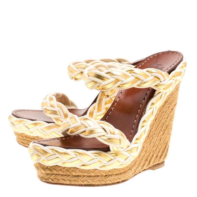 Christian Louboutin Two Tone Braided Leather and Suede Espadrille Wedge Sandals  In Good Condition In Dubai, Al Qouz 2
