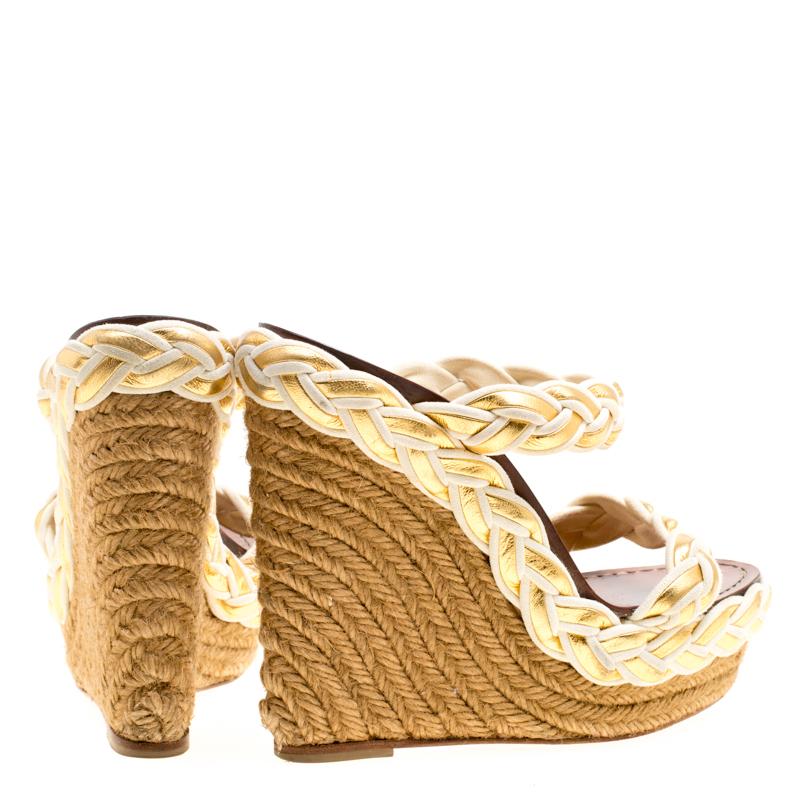 Women's Christian Louboutin Two Tone Braided Leather and Suede Espadrille Wedge Sandals 