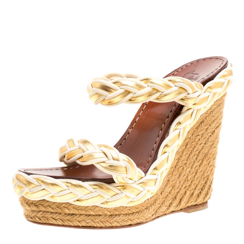 Christian Louboutin Two Tone Braided Leather and Suede Espadrille Wedge Sandals 