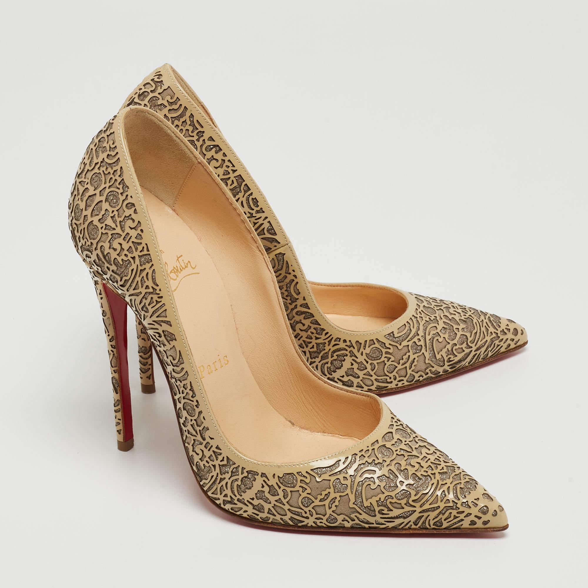 Women's Christian Louboutin Two Tone Laser Cut Patent Leather So Kate Pumps Size 37 For Sale