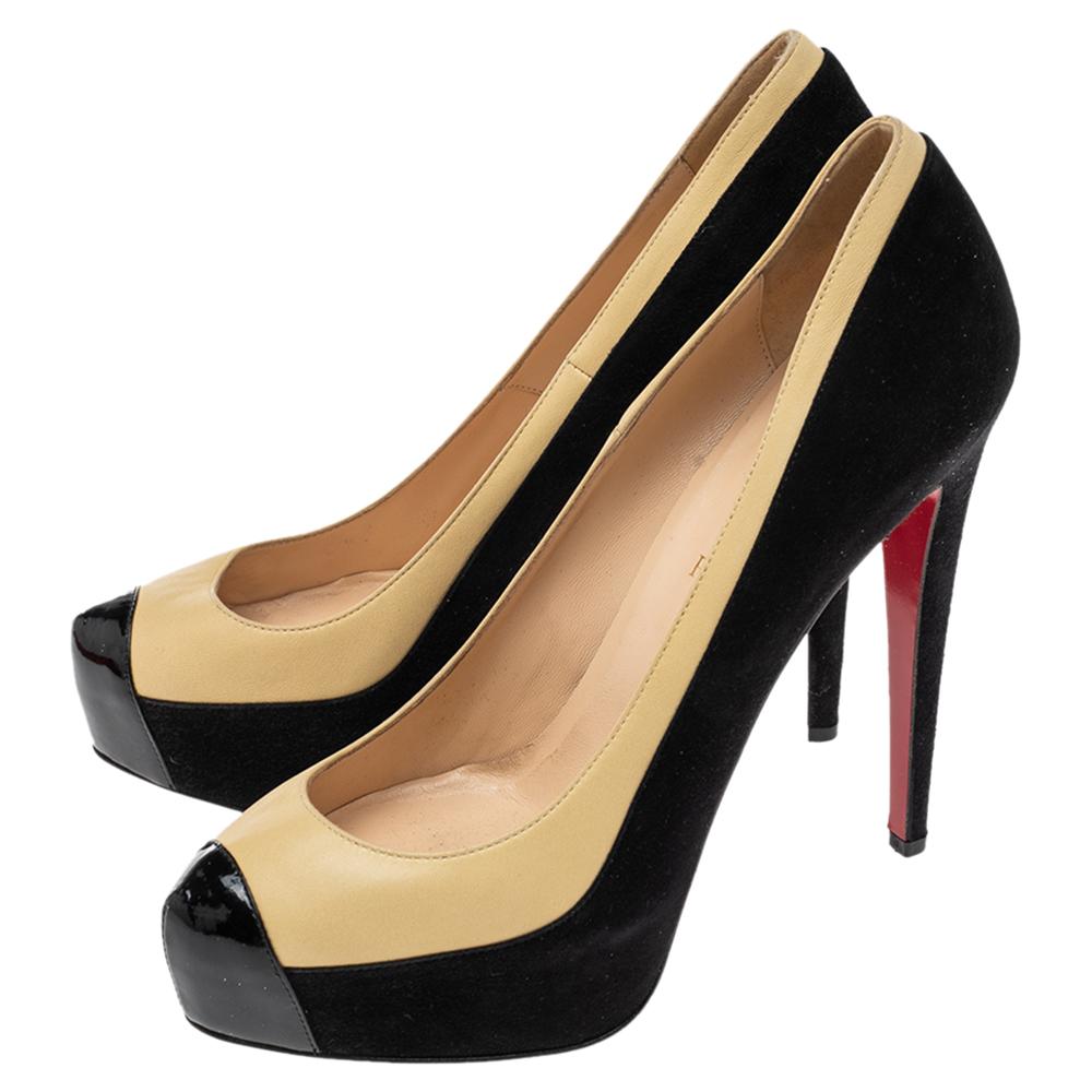 Christian Louboutin Two Tone Leather and Suede Mago Cap Toe Platform Pumps Size  In Good Condition In Dubai, Al Qouz 2