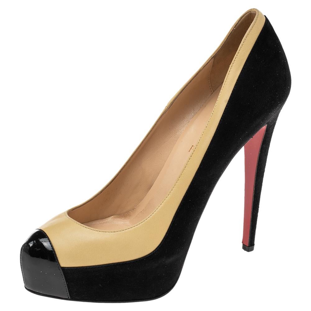 Women's Christian Louboutin Two Tone Leather and Suede Mago Cap Toe Platform Pumps Size 