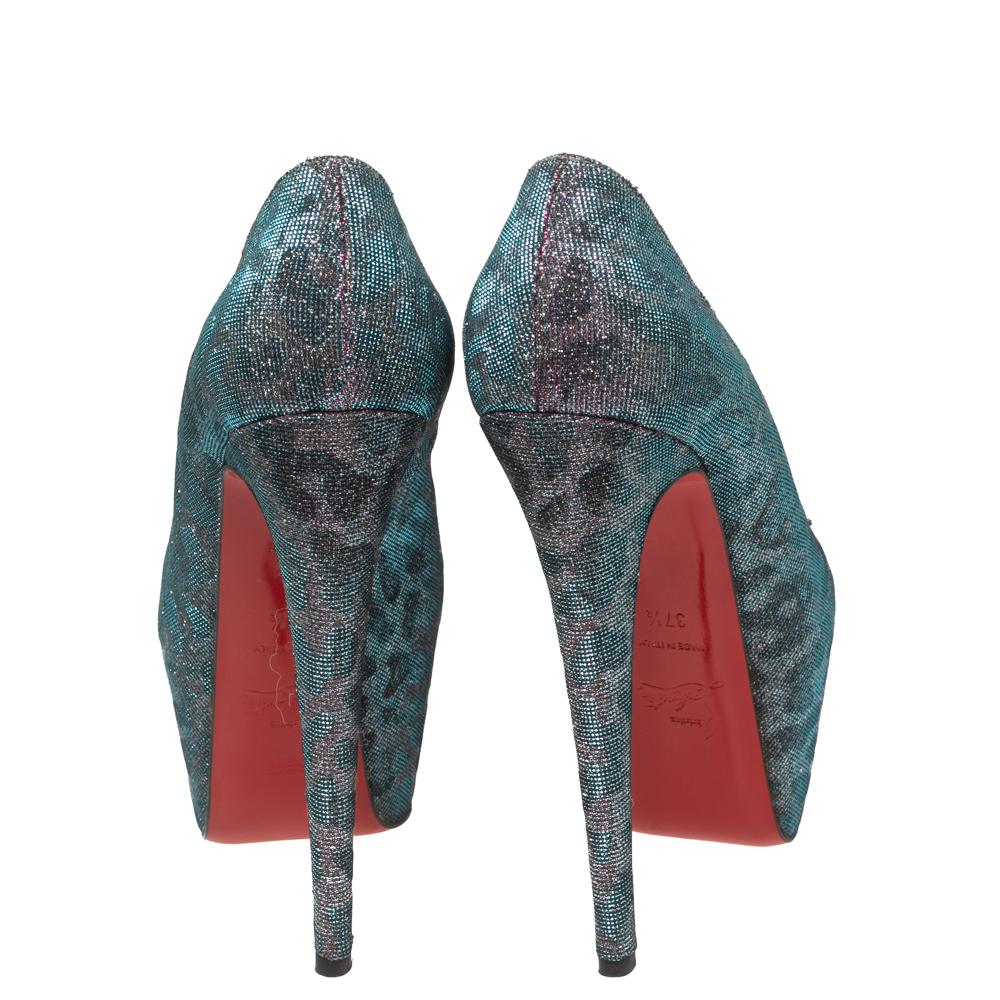 Gray Christian Louboutin Two-Tone Leopard Print Lamé Fabric Highness Pumps Size 37.5 For Sale