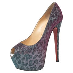 Used Christian Louboutin Two-Tone Leopard Print Lamé Fabric Highness Pumps Size 37.5
