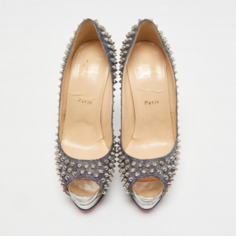 Christian Louboutin Two Tone Lurex Fabric Lady Peep Spikes Pumps Talla 40.5 Marrón en venta
