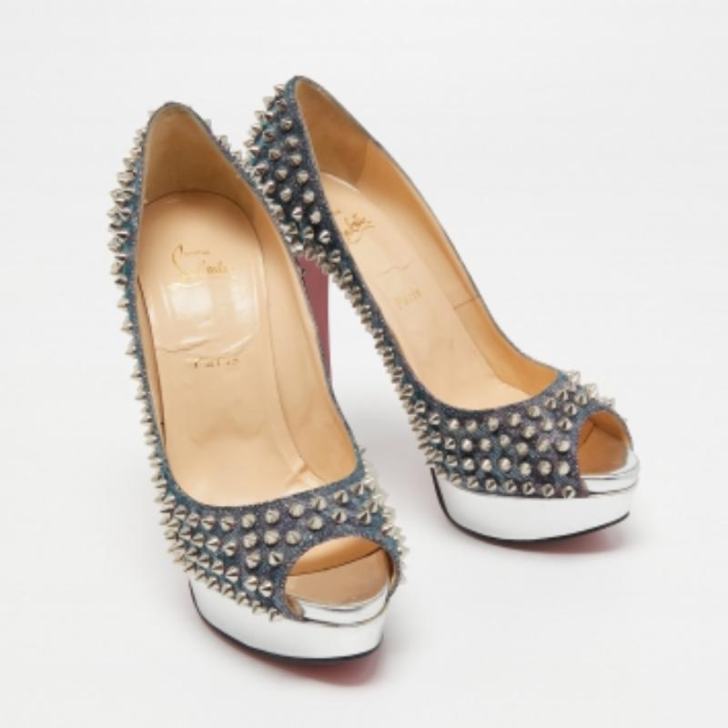 De las mujeres Christian Louboutin Two Tone Lurex Fabric Lady Peep Spikes Pumps Talla 40.5 en venta