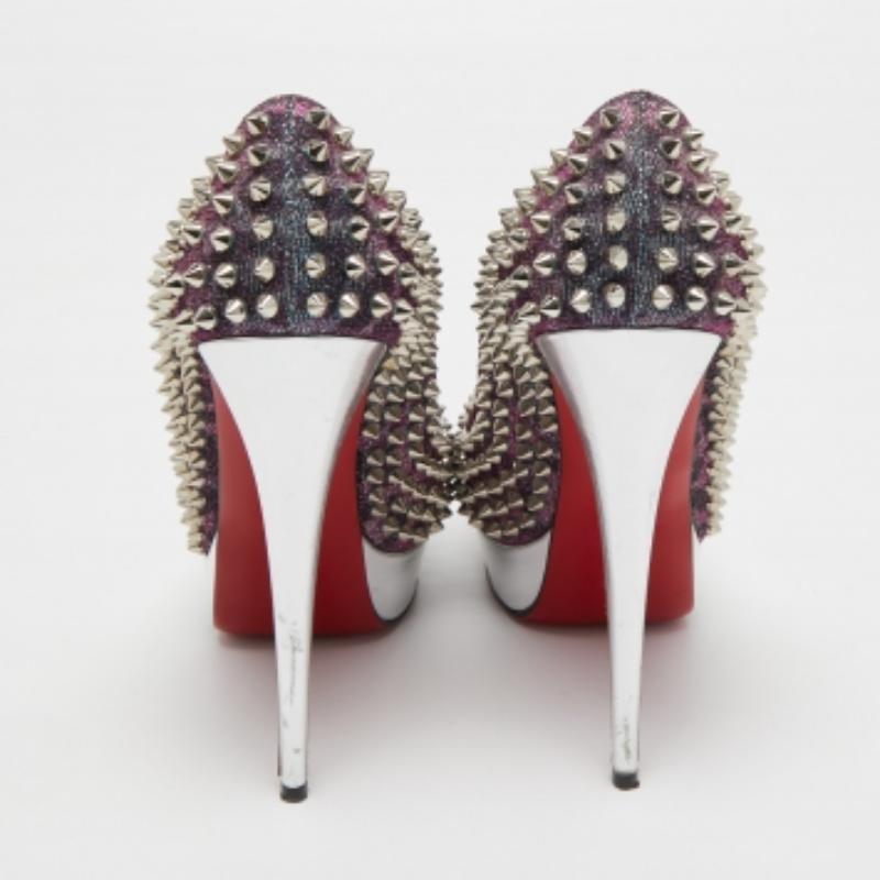 Christian Louboutin Two Tone Lurex Fabric Lady Peep Spikes Pumps Talla 40.5 en venta 1