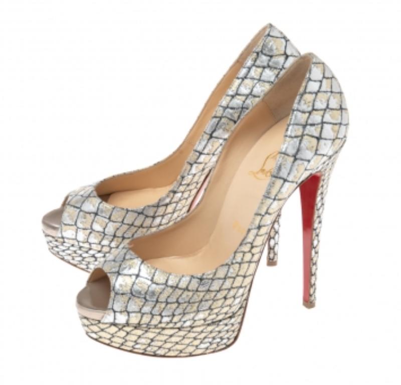 Christian Louboutin - Escarpins à bout ouvert en tissu lurex bicolore pour femme, taille 38 en vente 1