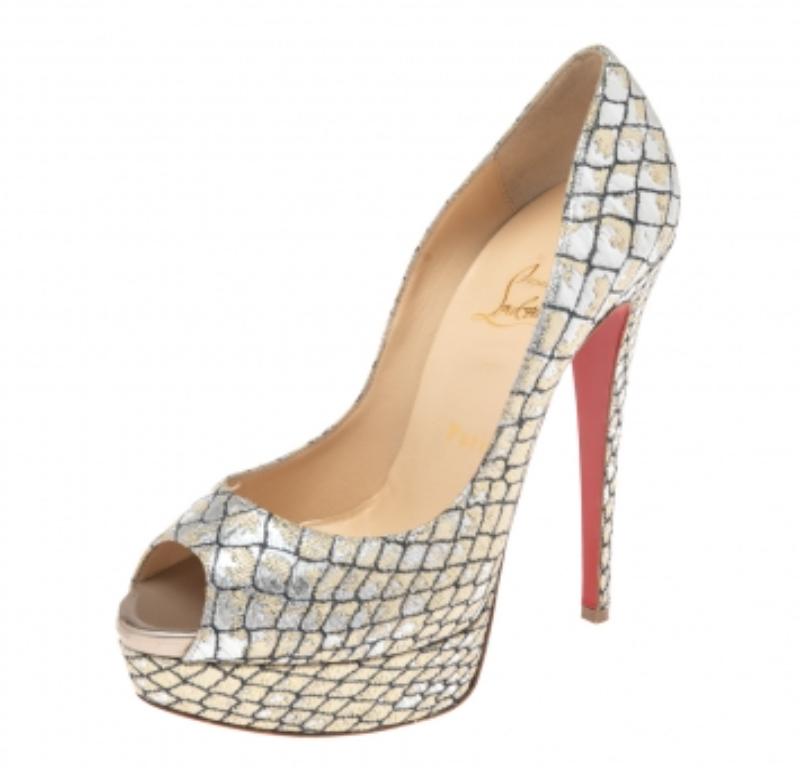 Christian Louboutin - Escarpins à bout ouvert en tissu lurex bicolore pour femme, taille 38 en vente 2