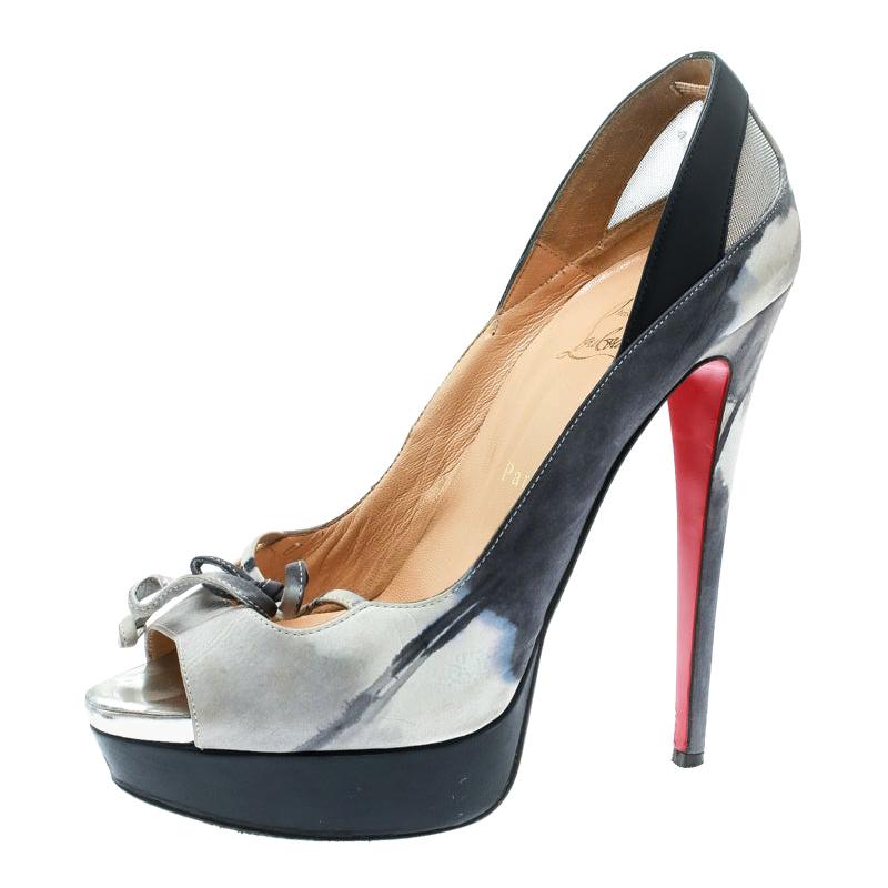 Christian Louboutin Two Tone Printed Suede Bow Detail Peep Toe Pumps Size 40