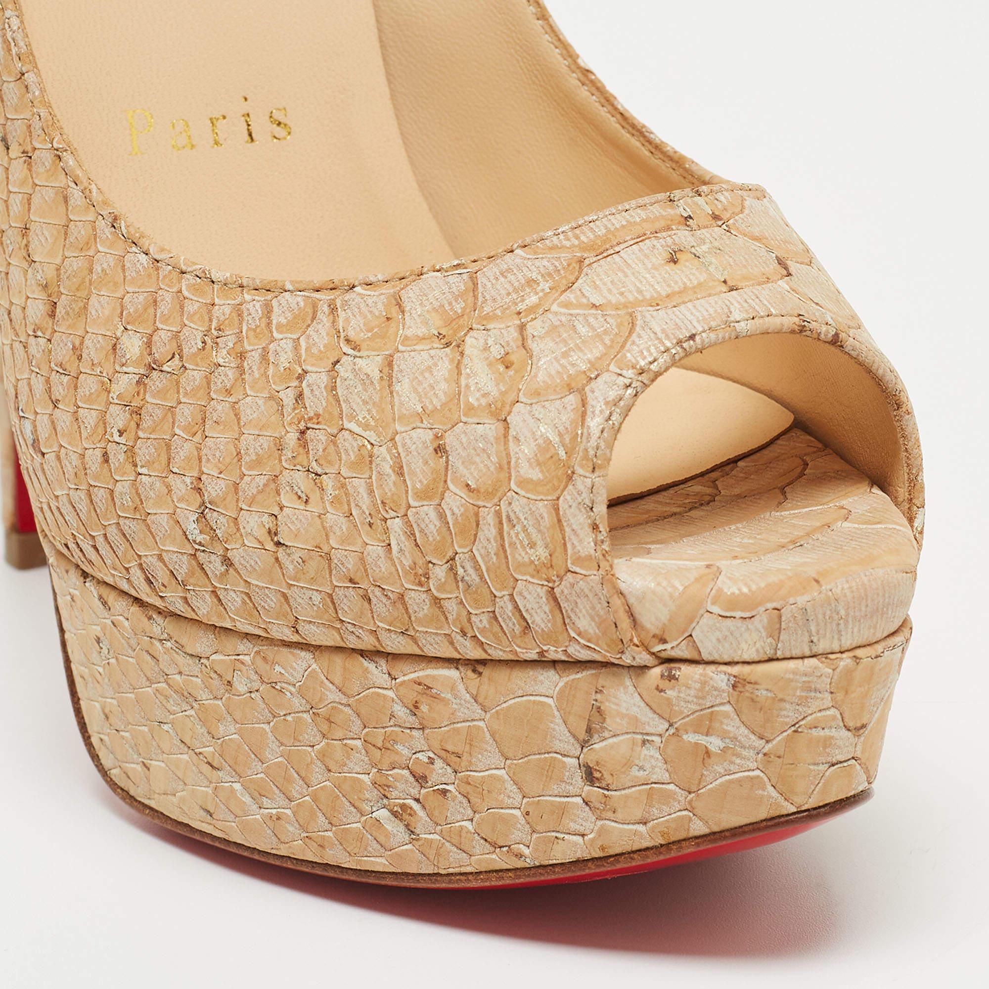 Beige Christian Louboutin Two Tone Python Embossed Leather Lady Peep Pumps For Sale