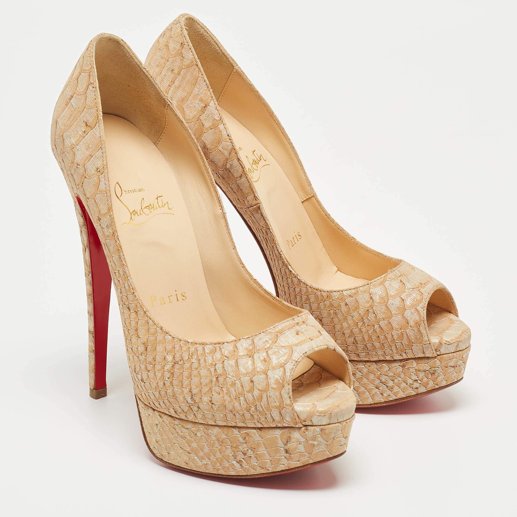 Women's Christian Louboutin Two Tone Python Embossed Leather Lady Peep Pumps For Sale