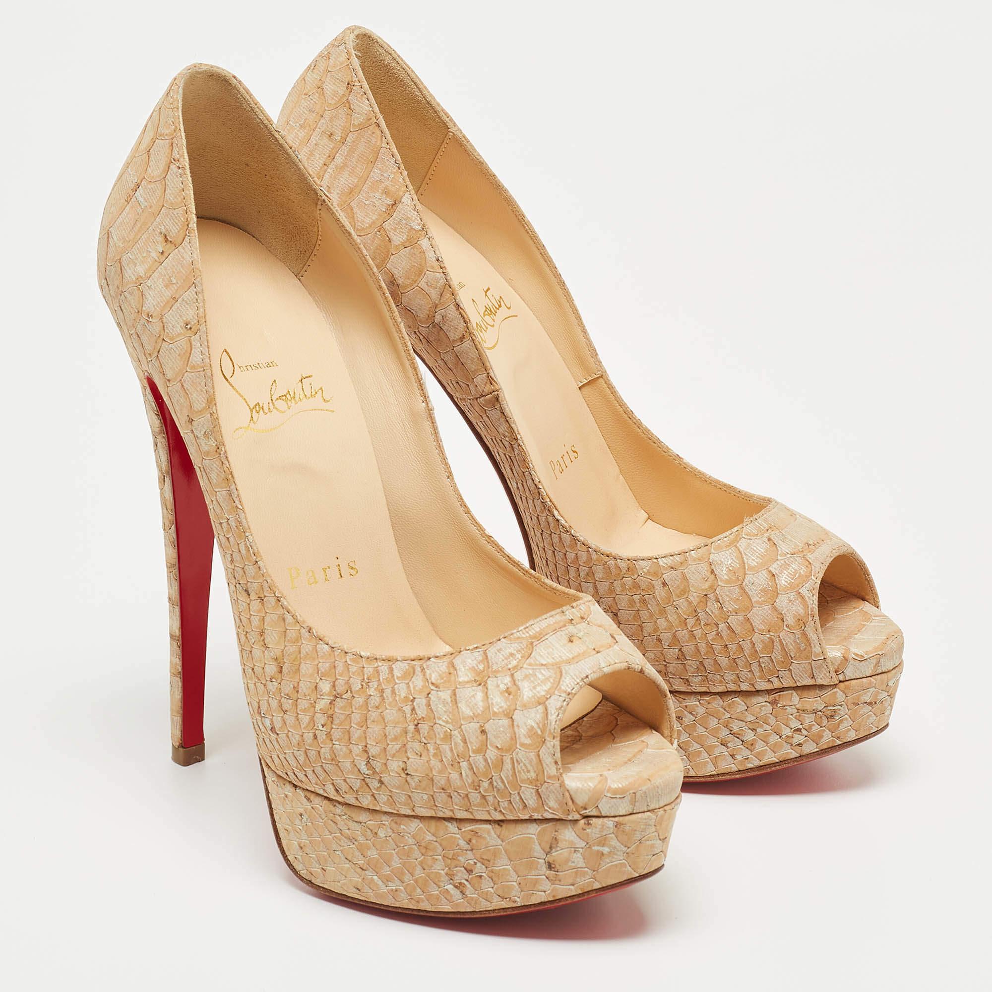 Women's Christian Louboutin Two Tone Python Embossed Leather Lady Peep Pumps