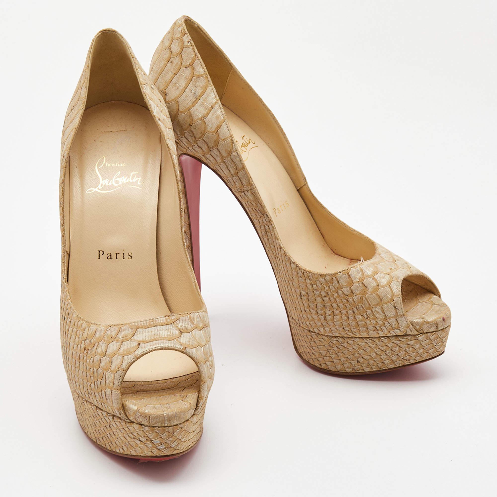 Women's Christian Louboutin Two Tone Python Embossed Leather Lady Peep Pumps Size 39.5 For Sale
