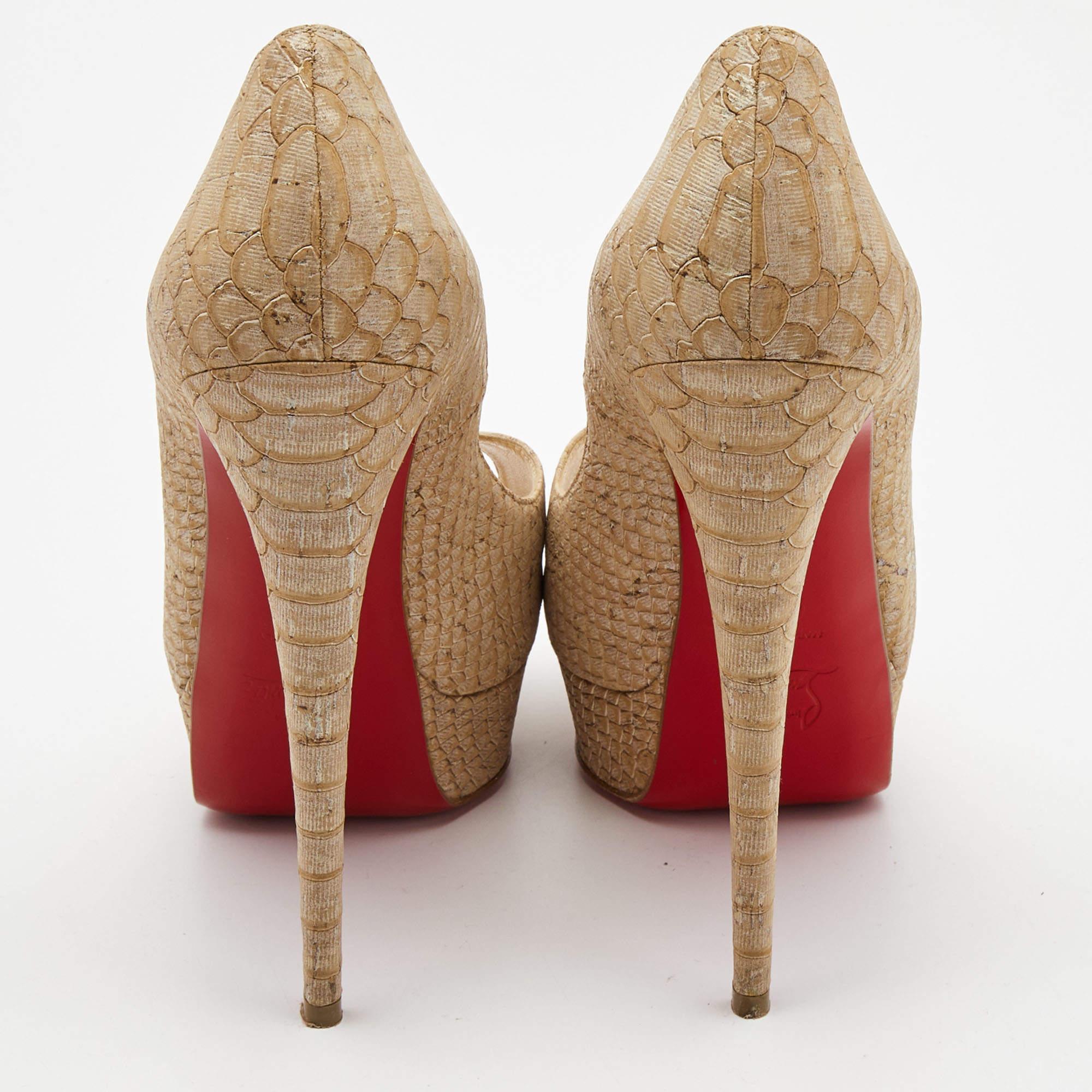 Christian Louboutin Two Tone Python Embossed Leather Lady Peep Pumps Size 39.5 For Sale 5