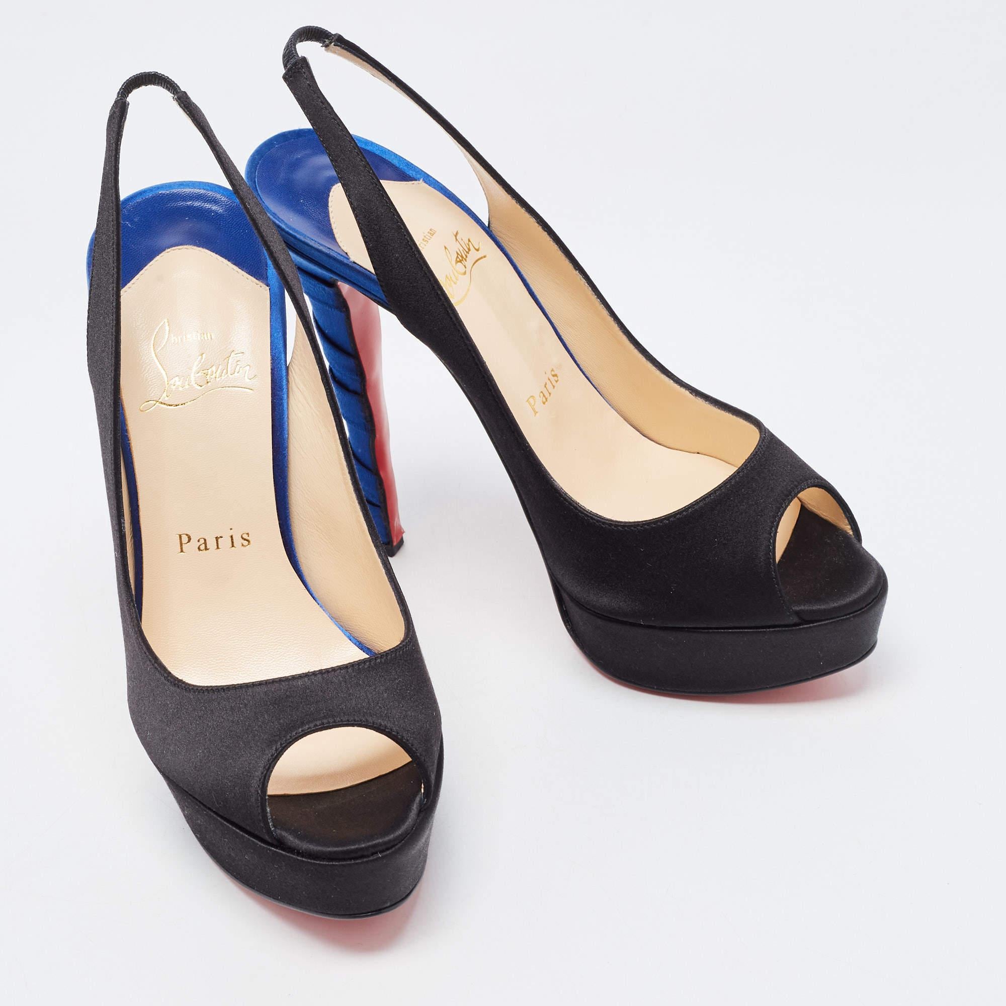 Women's Christian Louboutin Two Tone Satin Plisseta Platform Slingback Sandals Size 37