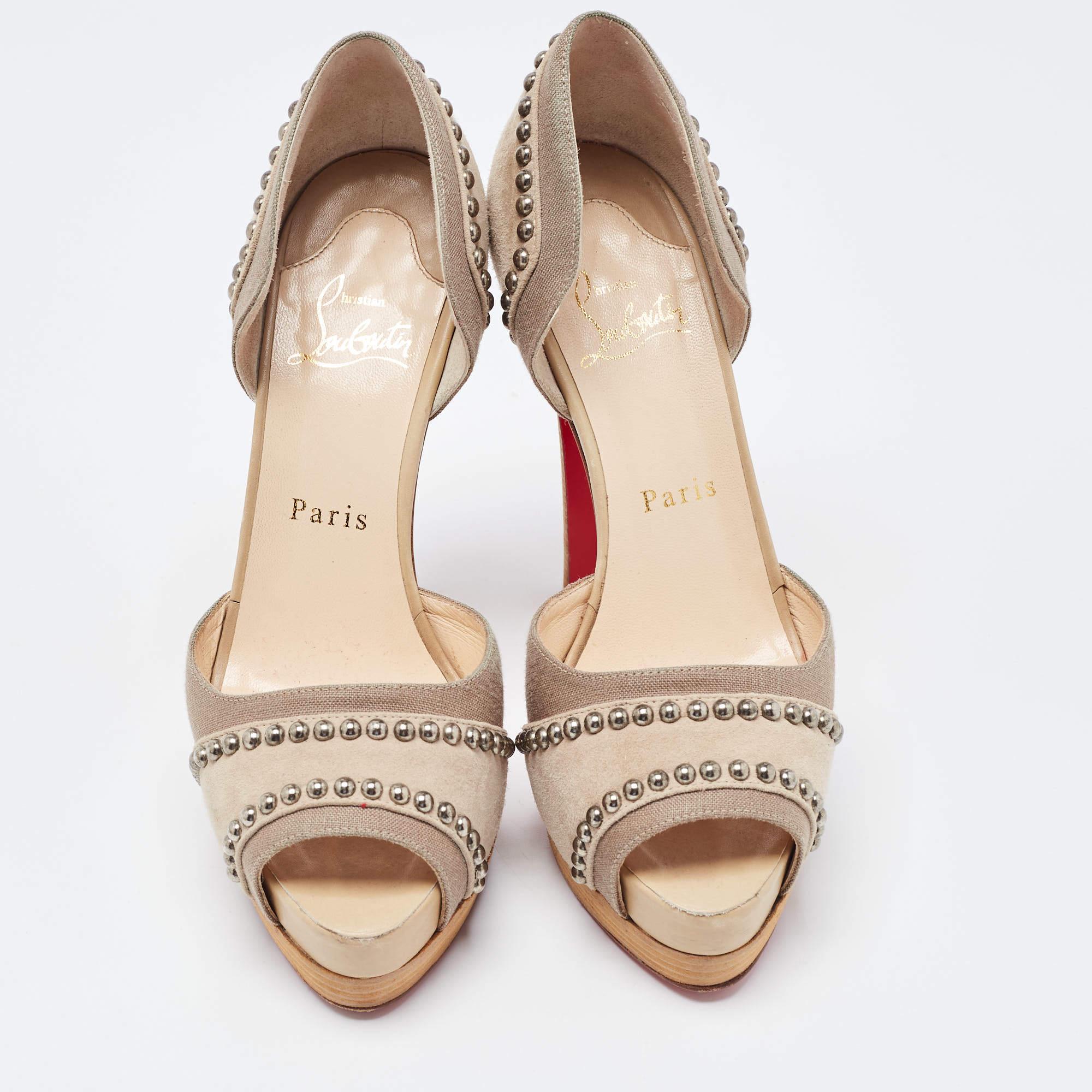 Christian Louboutin Two Tone Studded Suede and Canvas Peep Toe Platform D'orsay  In Good Condition For Sale In Dubai, Al Qouz 2