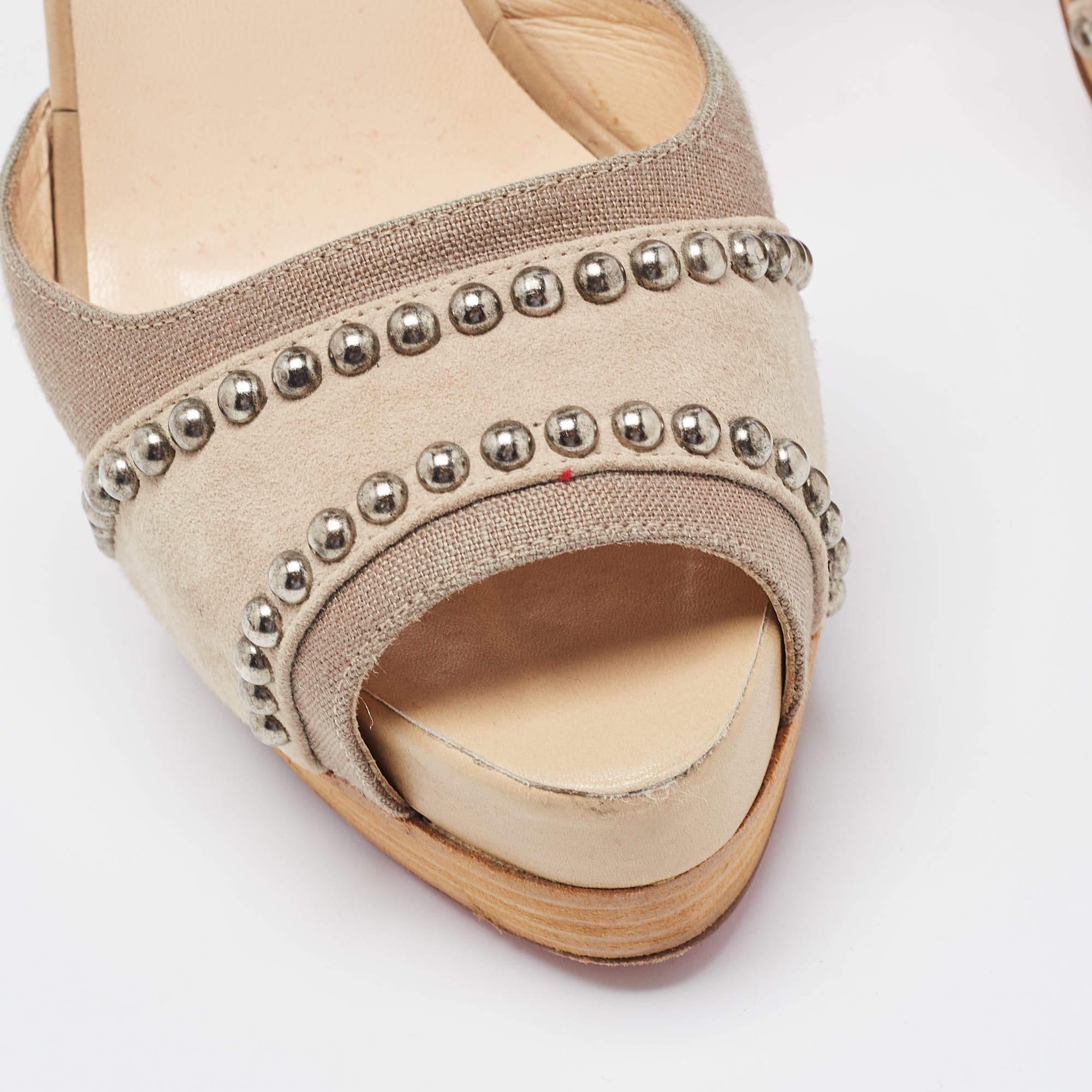 Christian Louboutin Two Tone Studded Suede and Canvas Peep Toe Platform D'orsay  For Sale 1