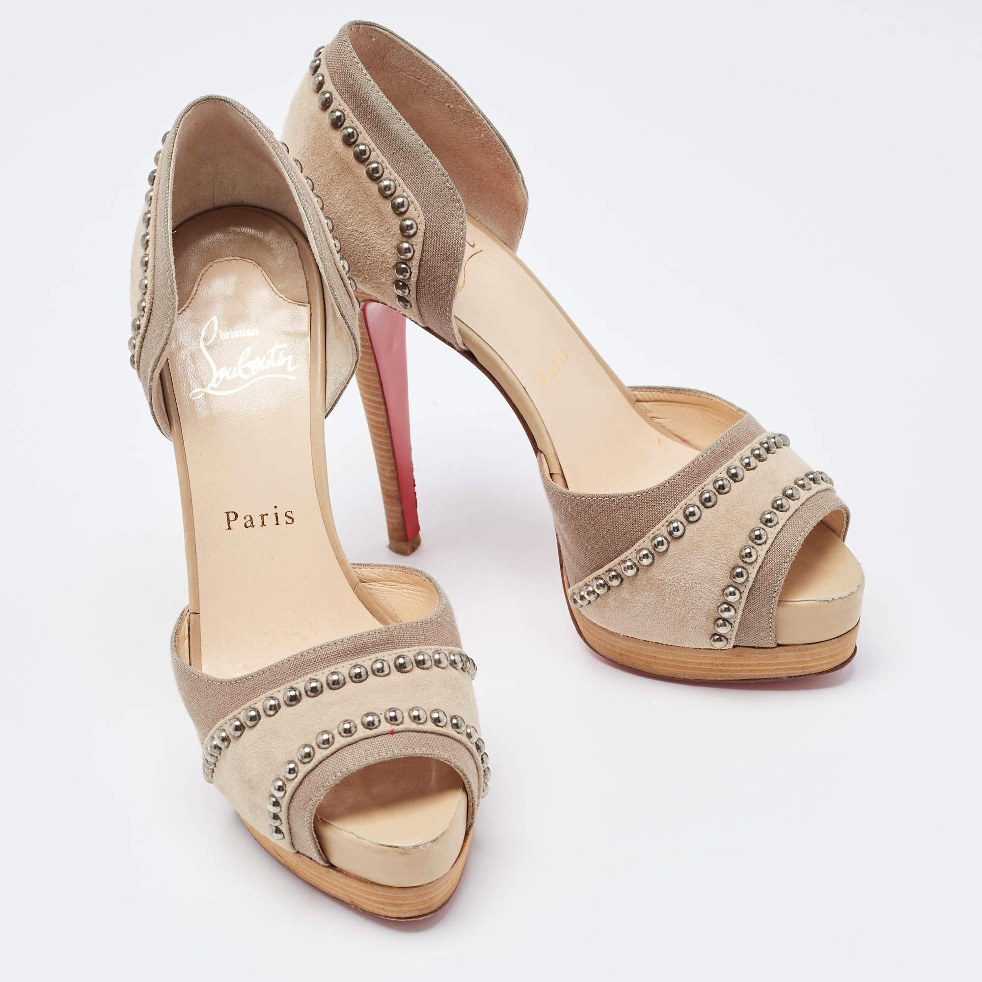 Christian Louboutin Two Tone Studded Suede and Canvas Peep Toe Platform D'orsay  For Sale 2