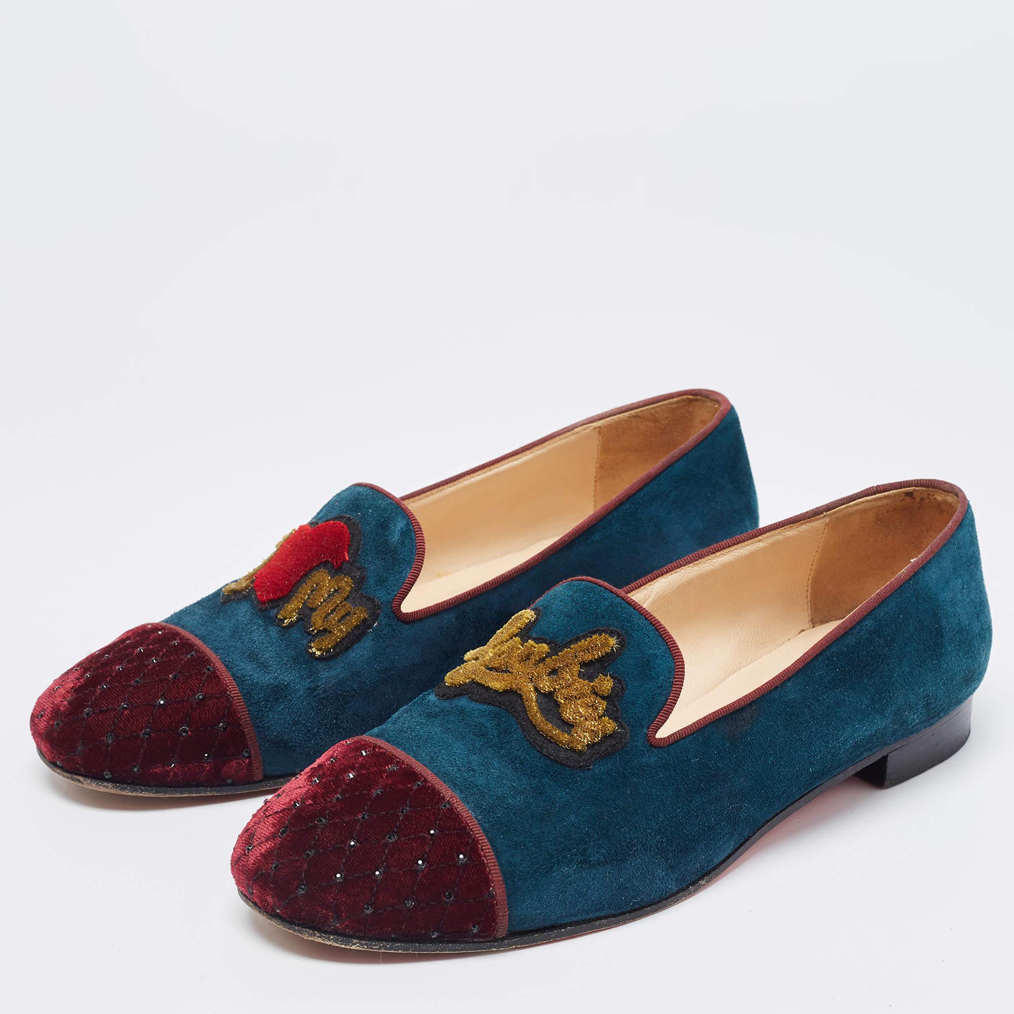 Christian Louboutin Two Tone Suede And Velvet I Love My Loubies Smoking Slippers In Good Condition In Dubai, Al Qouz 2