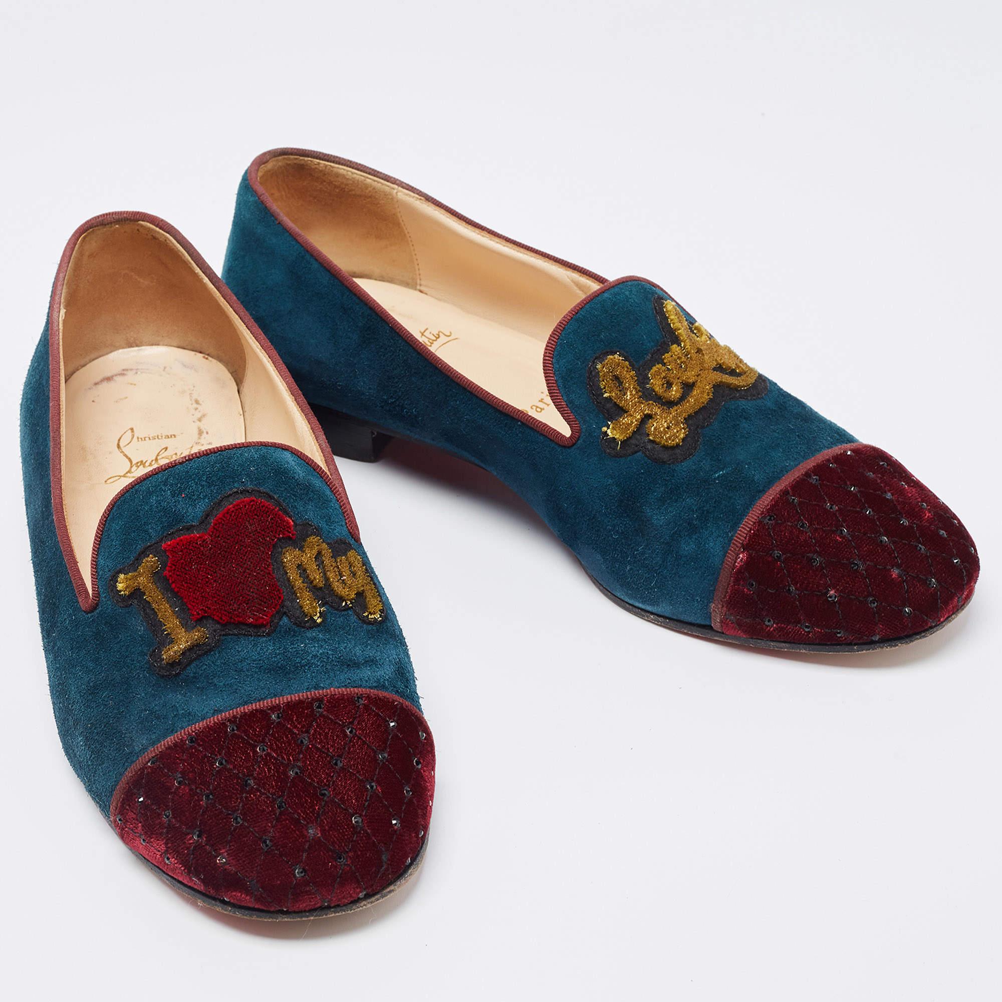 Women's Christian Louboutin Two Tone Suede And Velvet I Love My Loubies Smoking Slippers