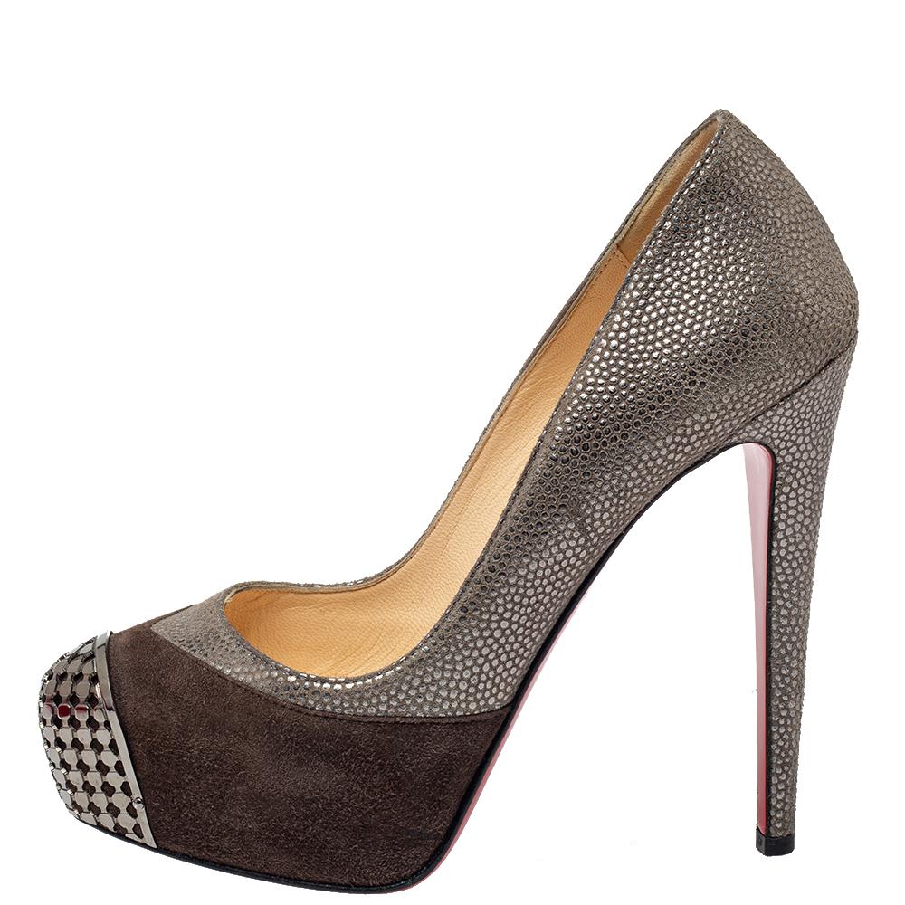 Brown Christian Louboutin Two Tone Textured Suede Maggie Cap Toe Pumps Size 35 For Sale