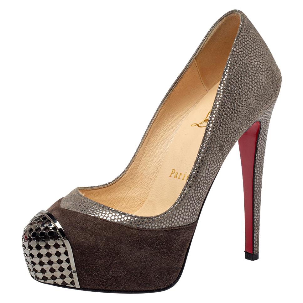 Christian Louboutin Two Tone Textured Suede Maggie Cap Toe Pumps Size 35