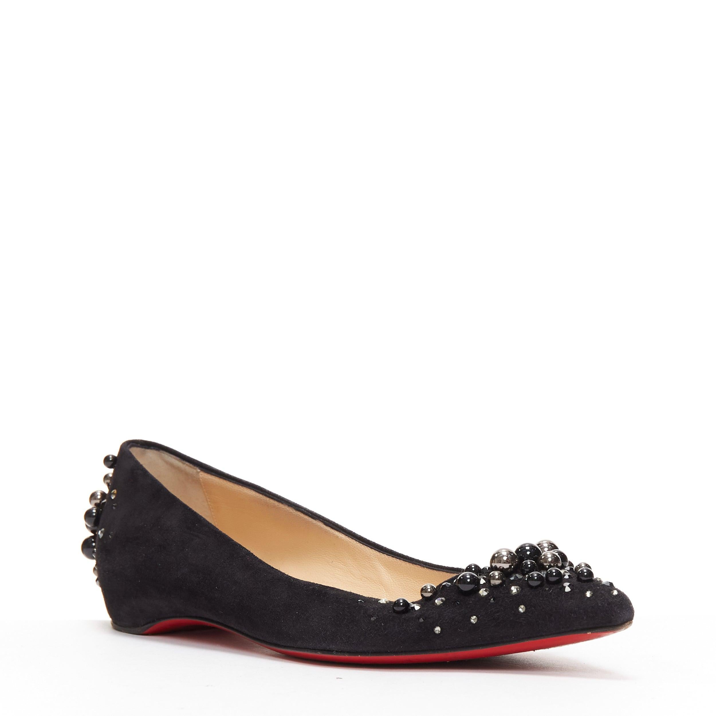 Black CHRISTIAN LOUBOUTIN Veau Velours black suede beaded embellished flats EU35.5 For Sale