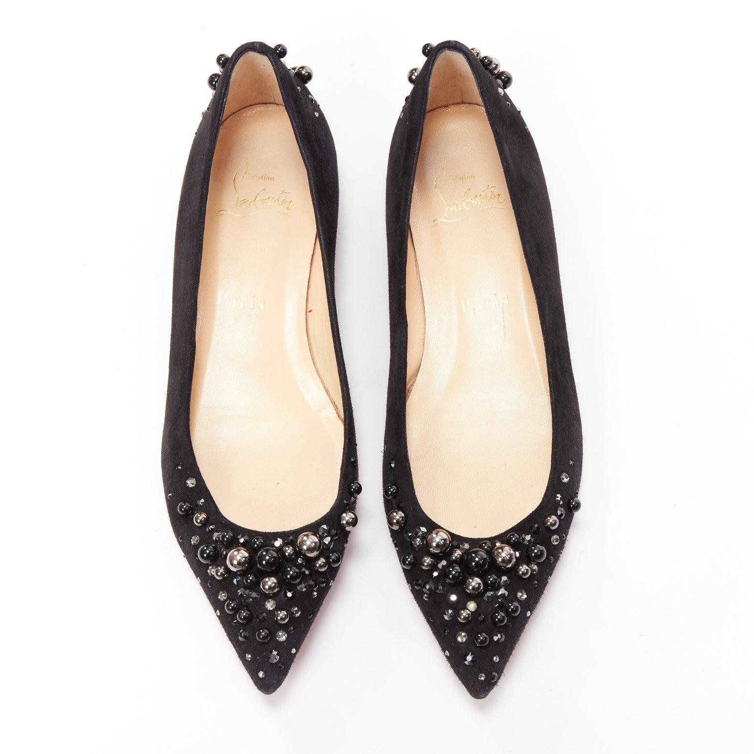 CHRISTIAN LOUBOUTIN Veau Velours black suede beaded embellished flats EU35.5 In Good Condition For Sale In Hong Kong, NT