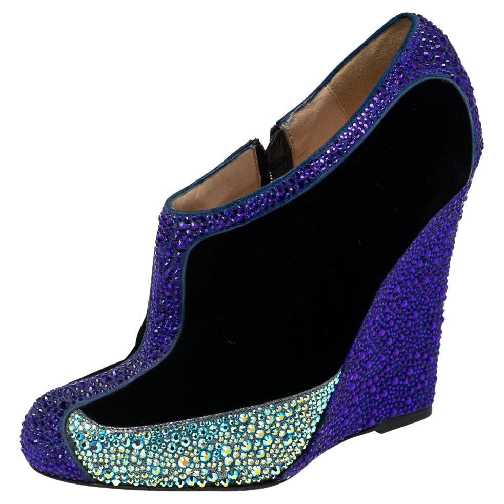 Christian Louboutin Velvet and Crystal Embellished Suede Wedge Boots Size 37.5