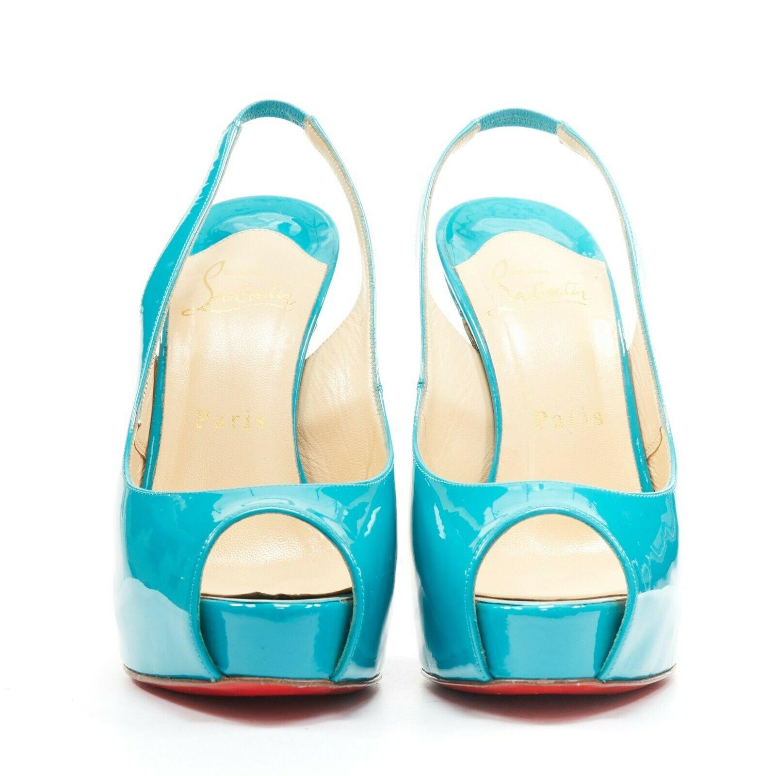 Blue CHRISTIAN LOUBOUTIN Vendome Sling 120 teal patent leather peep toe heels EU36.5