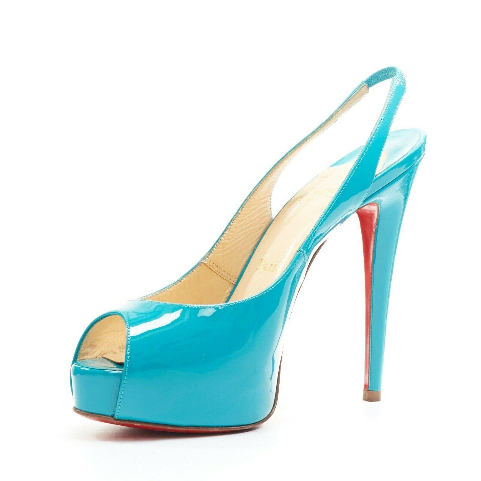 CHRISTIAN LOUBOUTIN Vendome Sling 120 teal patent leather peep toe heels EU36.5 In Good Condition In Hong Kong, NT