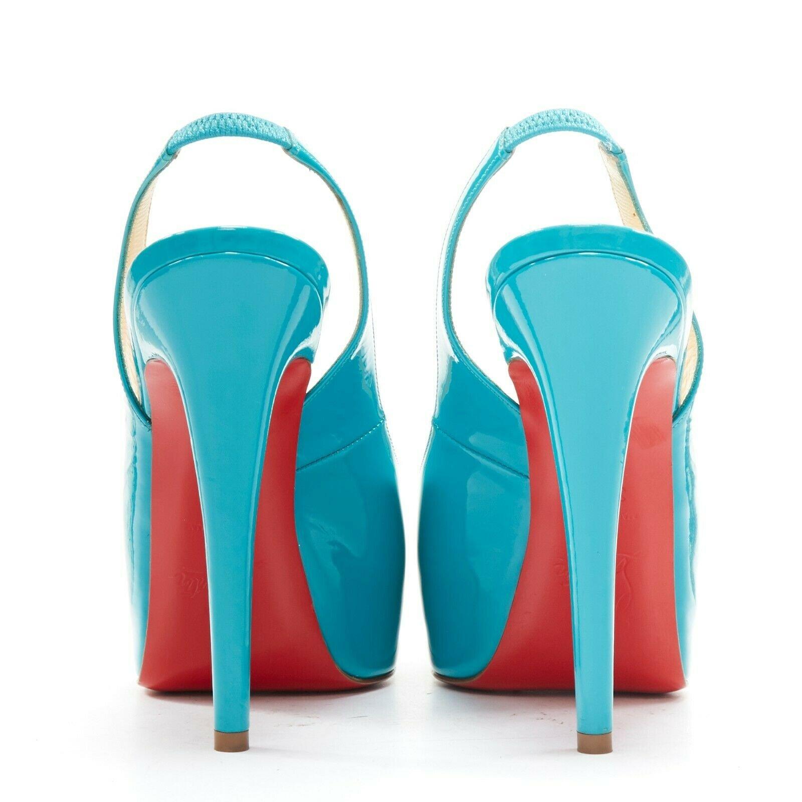 Women's CHRISTIAN LOUBOUTIN Vendome Sling 120 teal patent leather peep toe heels EU36.5