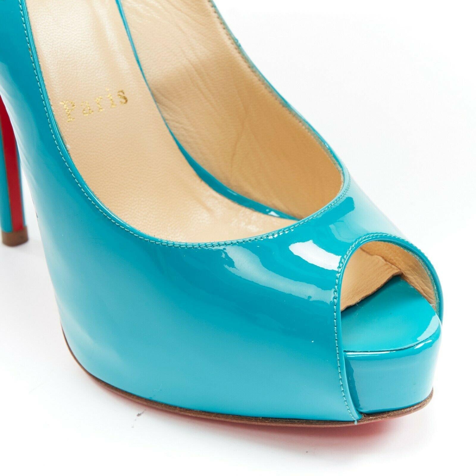 CHRISTIAN LOUBOUTIN Vendome Sling 120 teal patent leather peep toe heels EU36.5 3