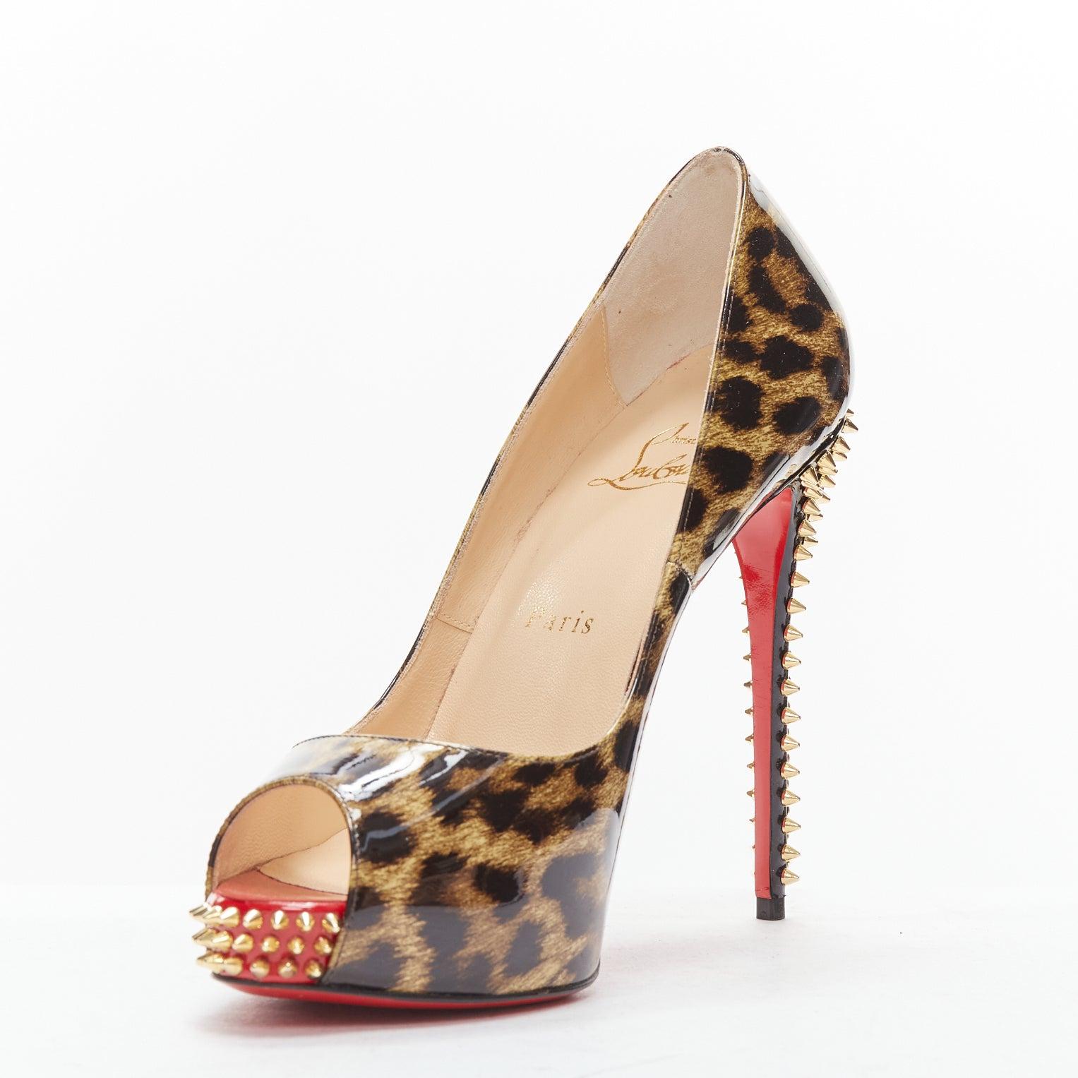 Women's CHRISTIAN LOUBOUTIN Very Prive 120 leopard patent gold spike platform heels EU38