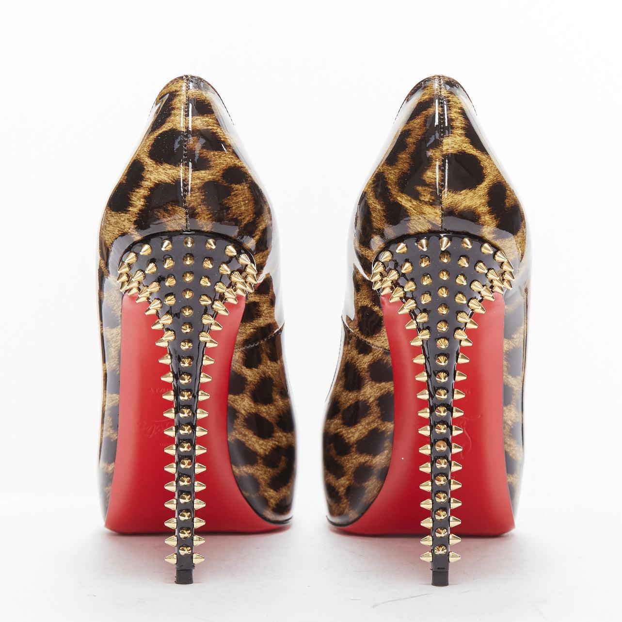 CHRISTIAN LOUBOUTIN Very Prive 120 leopard patent gold spike platform heels EU38 1