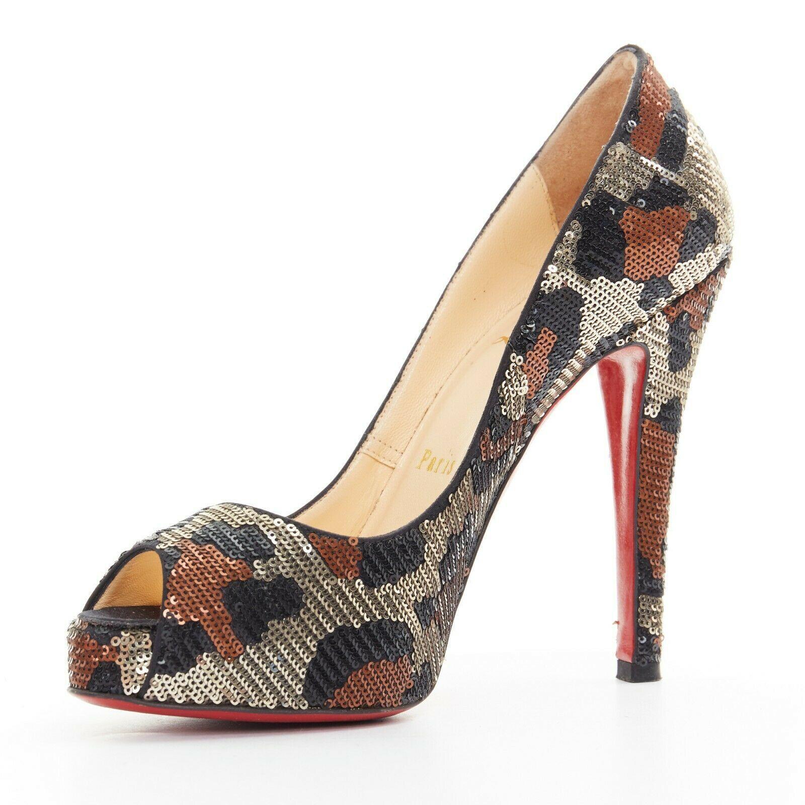 Brown CHRISTIAN LOUBOUTIN Very Prive 120 leopard sequins peep toe platform heel EU35.5