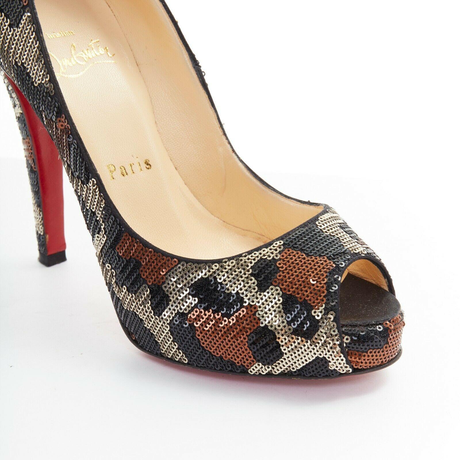 CHRISTIAN LOUBOUTIN Very Prive 120 leopard sequins peep toe platform heel EU35.5 2