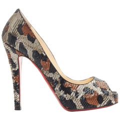 CHRISTIAN LOUBOUTIN Very Prive 120 leopard sequins peep toe platform heel EU35.5