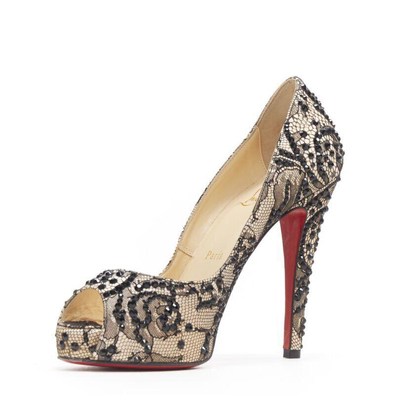 CHRISTIAN LOUBOUTIN Very Prive 120 nude satin black lace strass platform EU35.5 In Good Condition For Sale In Hong Kong, NT