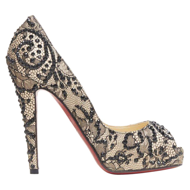 CHRISTIAN LOUBOUTIN Very Prive 120 nude satin black lace strass platform EU35.5