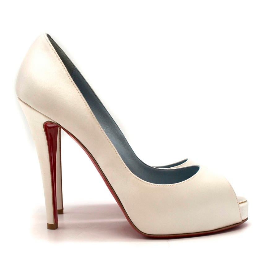 Christian Louboutin Very Prive 120mm off-white satin pumps

- Off-white, satin
- Open toe, satin-covered high stiletto heel 
- Dusty-blue leather lining and insole 
- Signature red leather sole
- Comes new in the box with dust bag and additional