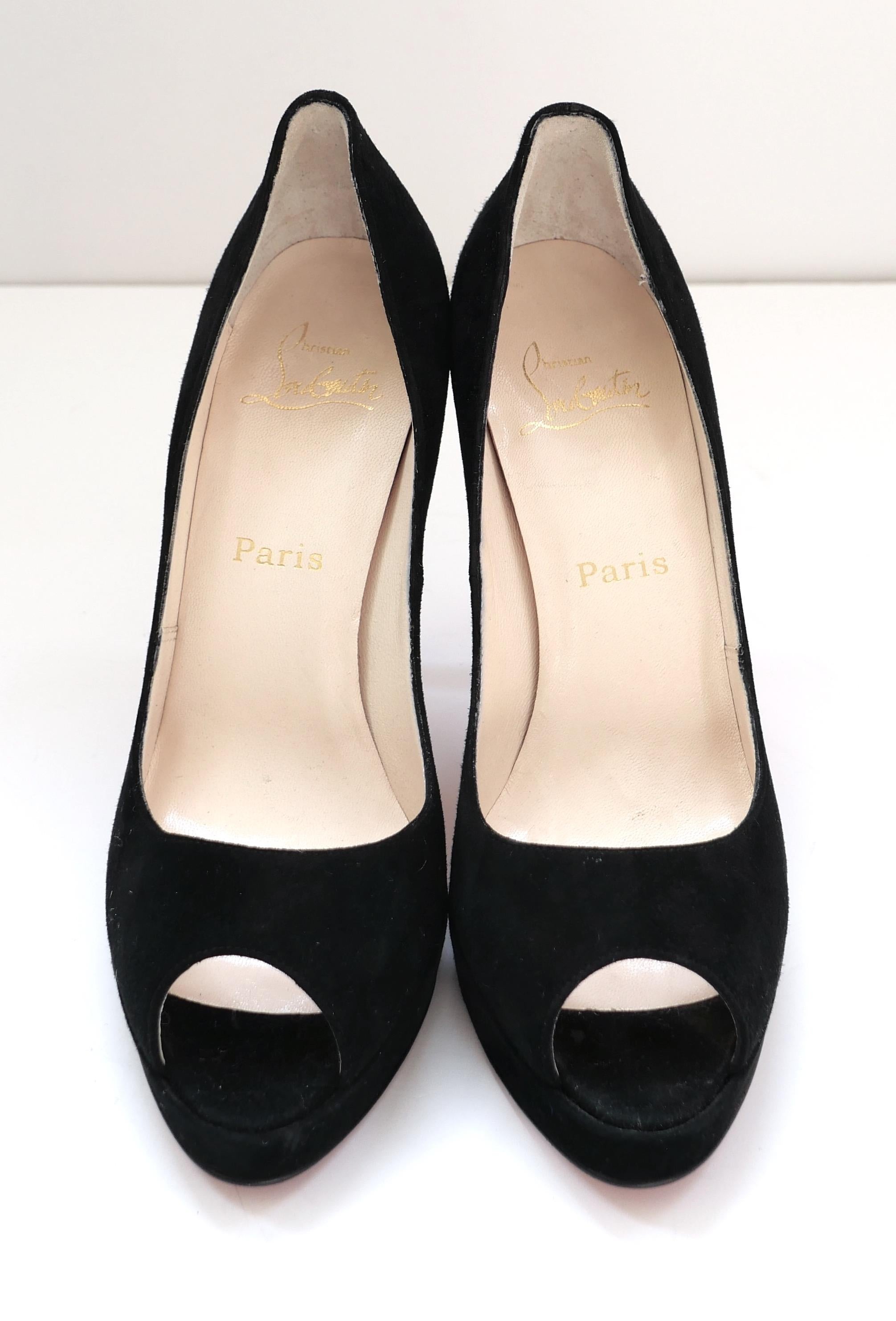 Iconic Christian Louboutin Very Prive black suede heels. Unworn with single dustbag. Have peep toes, slim platforms and signature red soles. Size 38.5. Measure approx - 9.75” heel to toe, platform 0.75” and heels 4.5”. 
