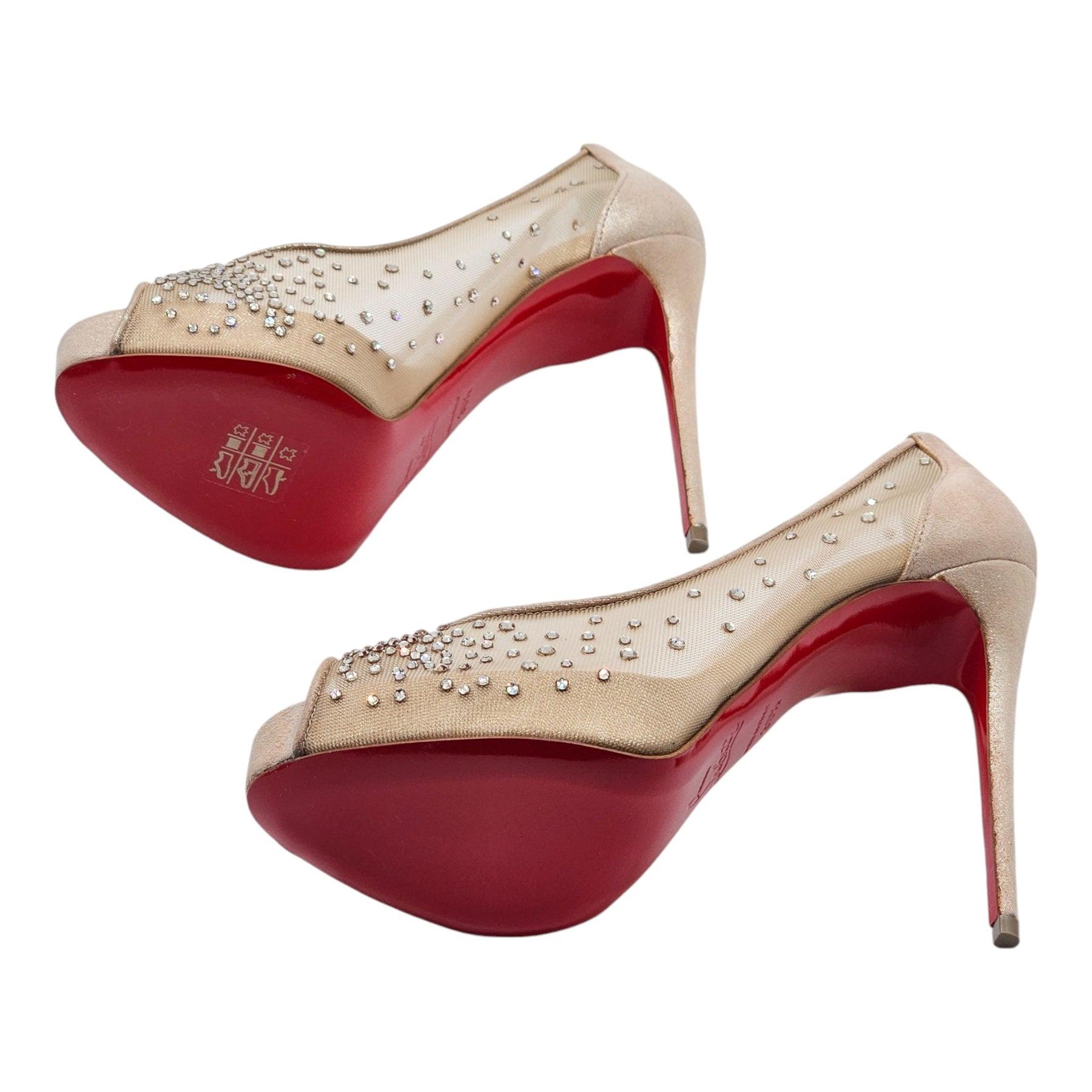 Christian Louboutin Very Strass Peep Pumps Net in Nude In Excellent Condition For Sale In Los Angeles, CA