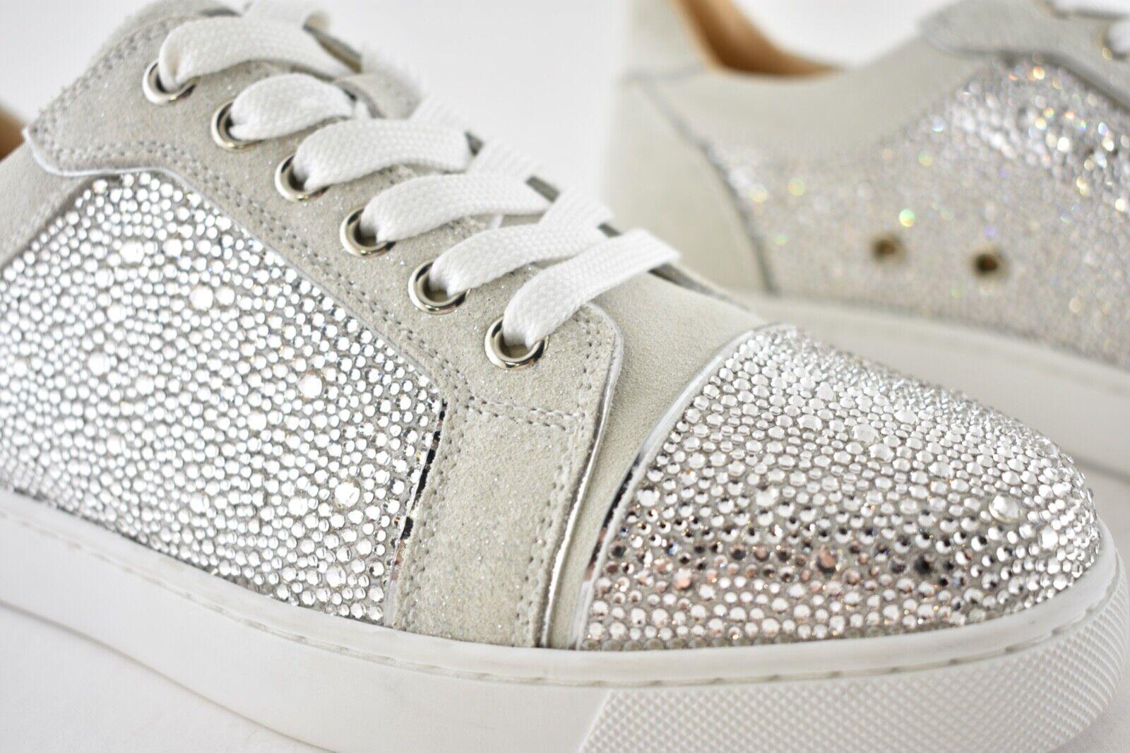 Gris Christian Louboutin Viera Strasss Flat Lune Grey Crystal Sneakers Taille 39 en vente