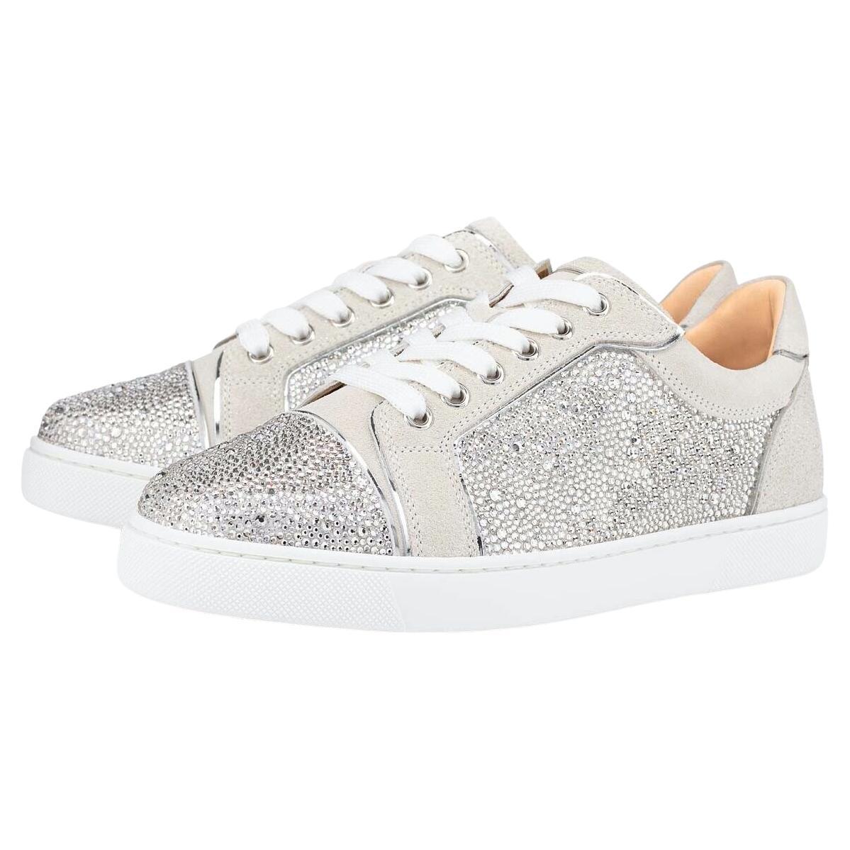 Christian Louboutin Viera Strass Flat Lune Grey Crystal Sneakers Sz 39 For Sale