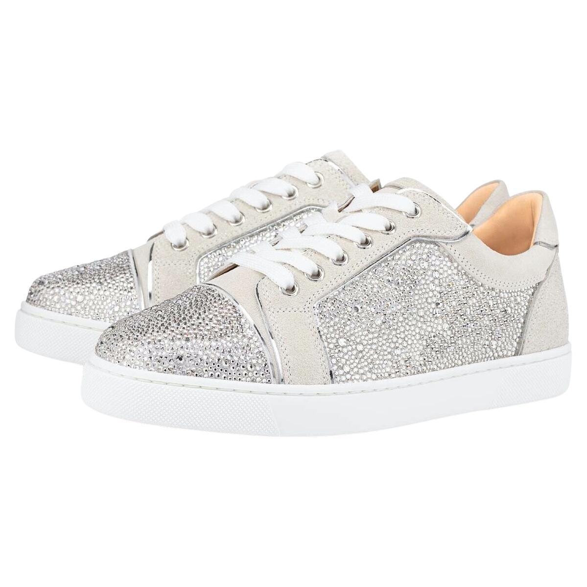 Christian Louboutin Viera Strass Flat Lune Grey Crystal Sneakers Sz 39