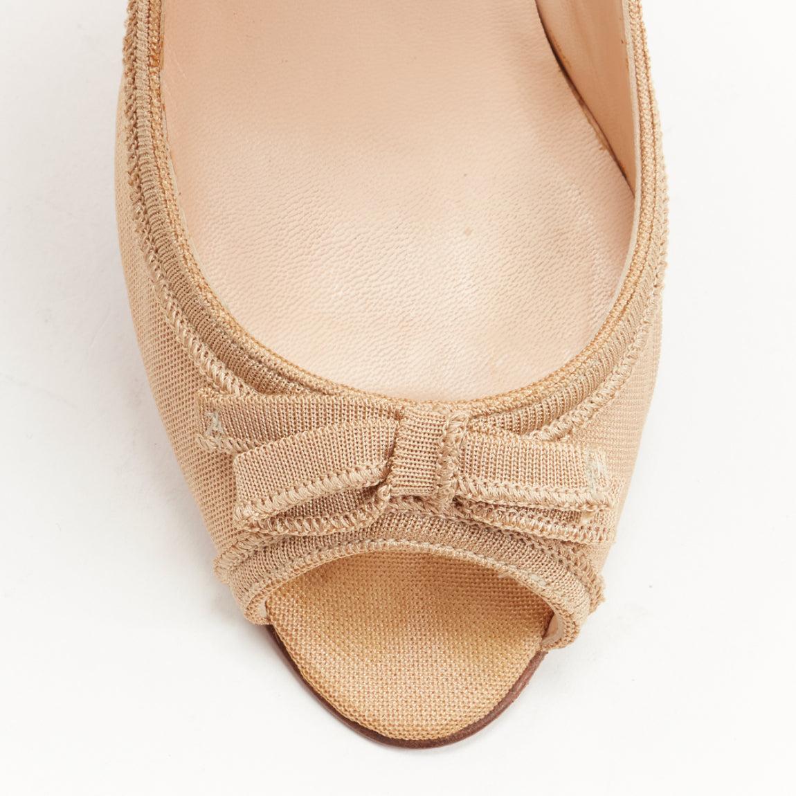 CHRISTIAN LOUBOUTIN Vintage nude canvas ribbon trim peep toe pump EU37.5 1