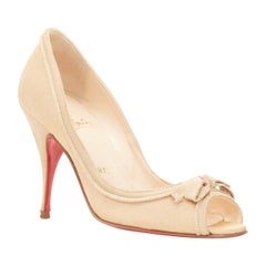 CHRISTIAN LOUBOUTIN Vintage nude canvas ribbon trim peep toe pump EU37.5