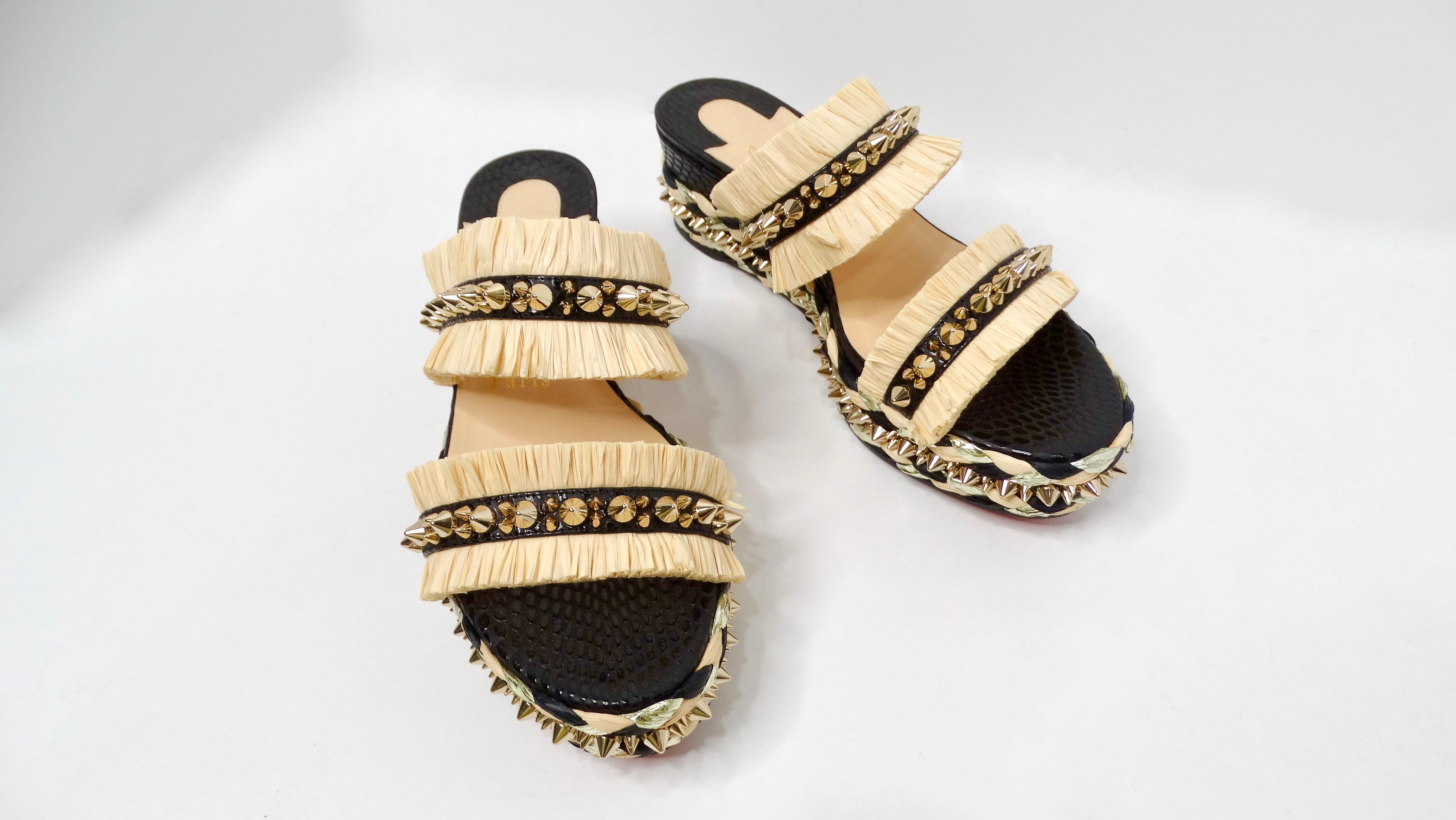 Beige Christian Louboutin Voltinoudou Raffia Studded Platform Wedge Sandals en vente